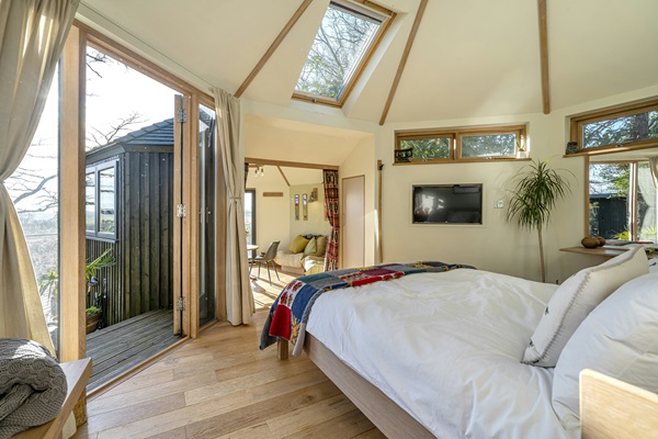 Treehouse stay at Happenoak - view from bed up to the trees and the sky